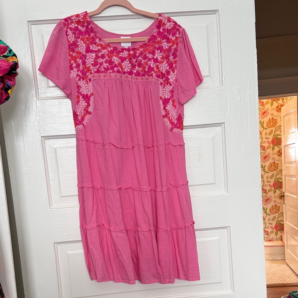 Pink Embroidered Short Sleeve Mini Dress